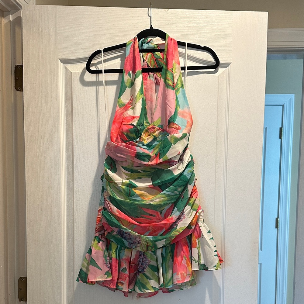 Anthropologie BARDOT Floral Halter Midi Dress - Pink, Green, White